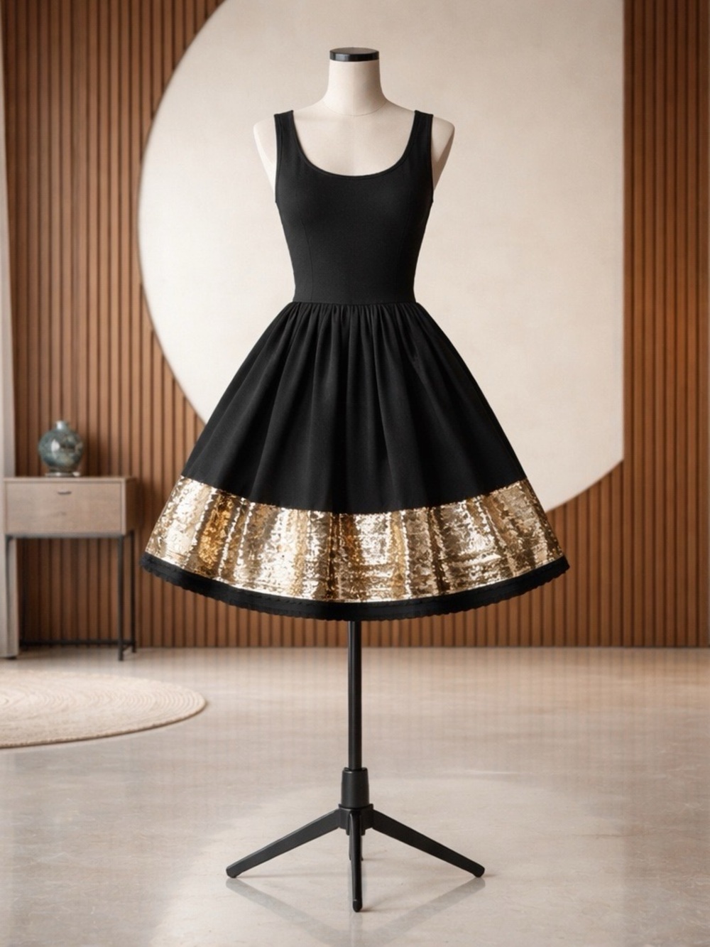 Sandro Black Dress with Gold Sequin Hemline